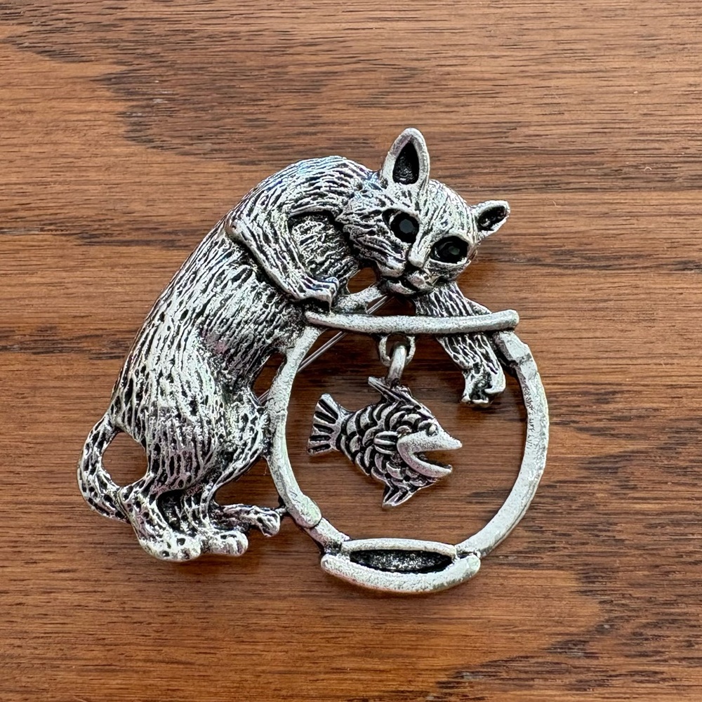 Vintage Silver-Tone Cat & Fish Bowl Brooch